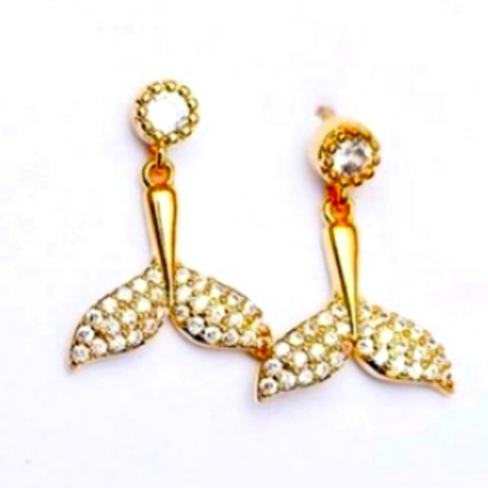 NEW! Beautiful Gold Crystal Mermaid Tail Stud Earrings - Sterling Silver 925